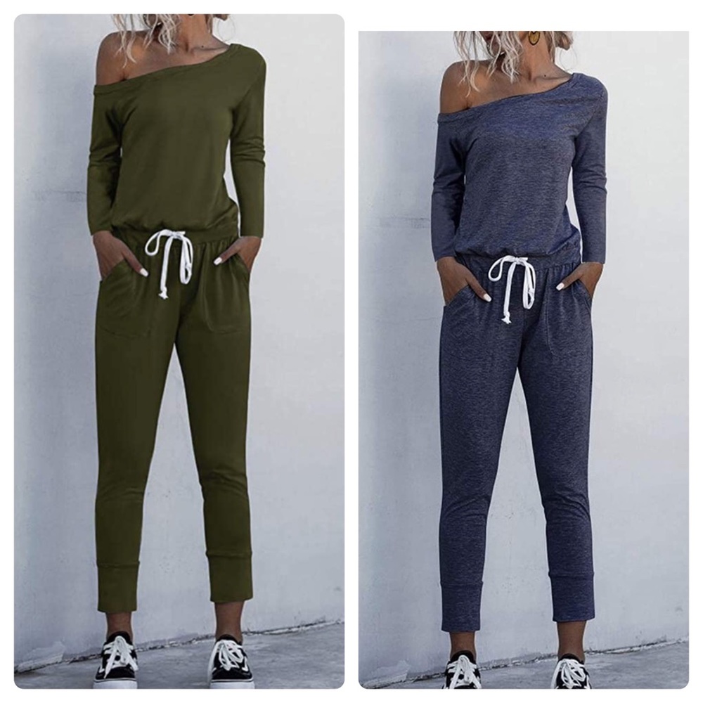 Set of Two Pants off the shoulder Rompers Green & Blue